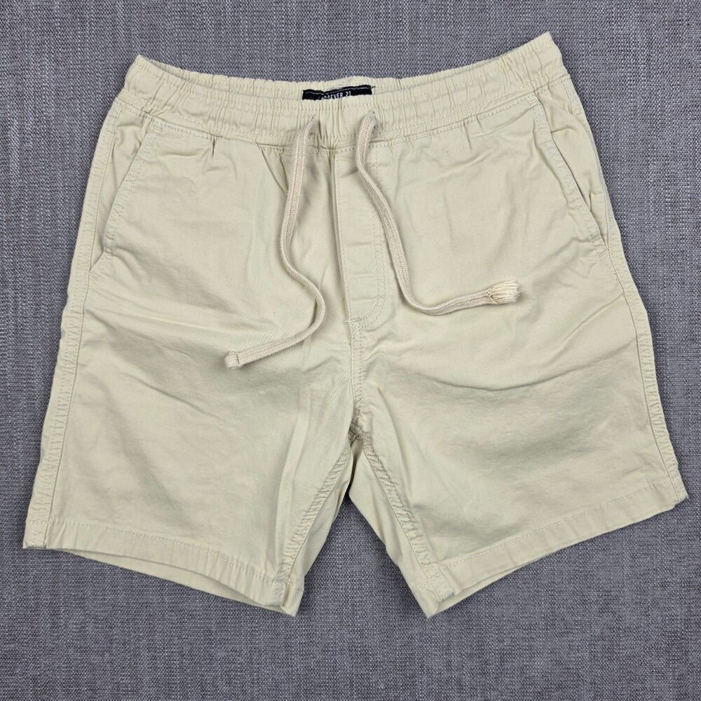 Forever 21 Men M Beige Khaki Drawstring Chino Shorts Elastic Waist Inseam 6.5"